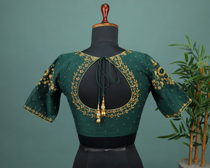 Maggam work Blouse for Saree – Green Blouse- Artisan Silk Blouse – Festive & Wedding Ethnic Wear