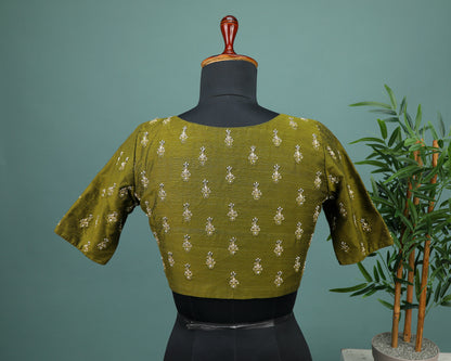 Maggam work Blouse for Saree – Olive Green Blouse- Artisan Silk Blouse – Festive & Wedding Ethnic Wear