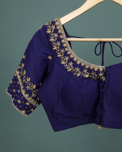 Maggam work Blouse for Saree – Navy Blue Blouse- Artisan Silk Blouse – Festive & Wedding Ethnic Wear