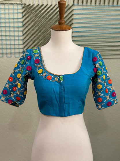 Maggam work Blouse for Saree – Blue Blouse- Artisan Silk Blouse – Festive & Wedding Ethnic Wear