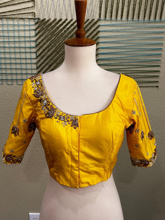 Maggam work Blouse for Saree – Yellow Blouse- Artisan Silk Blouse – Festive & Wedding Ethnic Wear