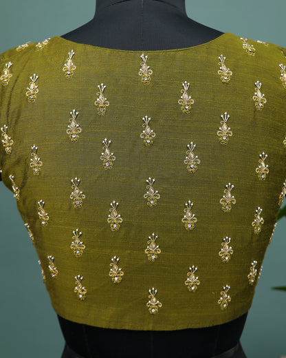 Maggam work Blouse for Saree – Olive Green Blouse- Artisan Silk Blouse – Festive & Wedding Ethnic Wear