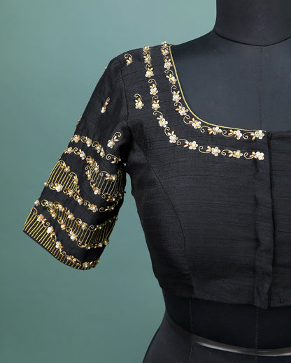 Maggam work Blouse for Saree – Black Green Blouse- Artisan Silk Blouse – Festive & Wedding Ethnic Wear
