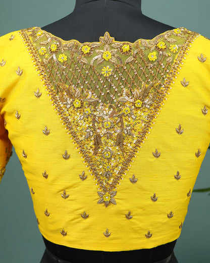 Maggam work Blouse for Saree – Yellow Blouse- Artisan Silk Blouse – Festive & Wedding Ethnic Wear