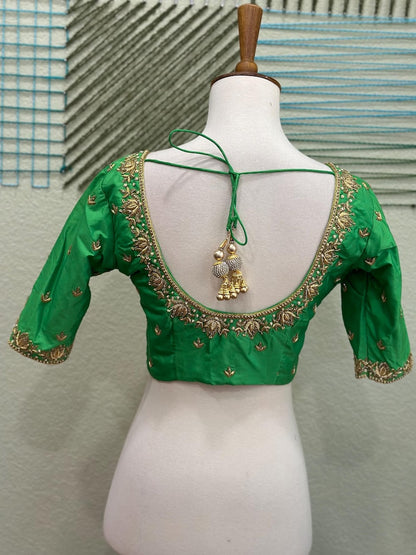 Maggam work Blouse for Saree – Green Blouse- Artisan Silk Blouse – Festive & Wedding Ethnic Wear