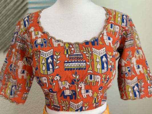 Maggam work Blouse with kalamkari printed for Saree –  orange blouse- Artisan Silk Blouse – Festive & Wedding Ethnic Wear