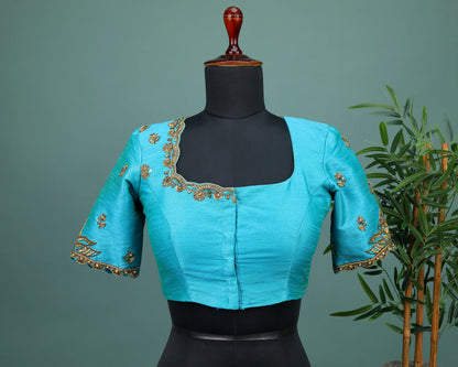Maggam work Blouse for Saree –  Blue Blouse- Artisan Silk Blouse – Festive & Wedding Ethnic Wear