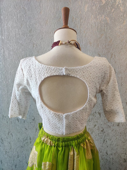 Crop Top | Designer Lehenga | Mehendi & Haldi Lehenga Choli | white green Lehenga Set | Indian Wedding Guest Outfit | Pre Wedding Ceremony Dress