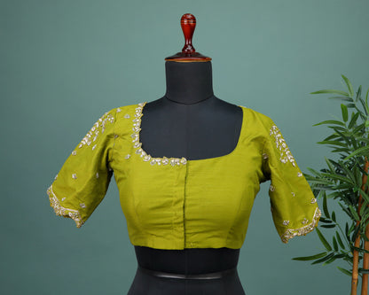 Maggam work Blouse for Saree – Olive Green Blouse- Artisan Silk Blouse – Festive & Wedding Ethnic Wear