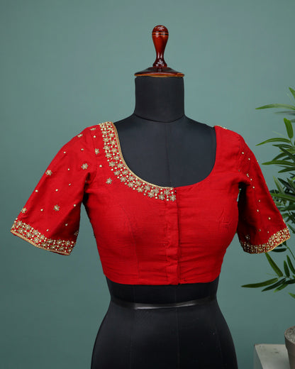 Maggam work Blouse for Saree – Red Blouse- Artisan Silk Blouse – Festive & Wedding Ethnic Wear