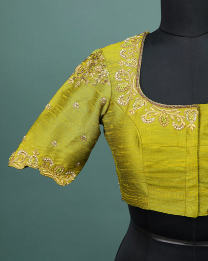 Maggam work Blouse for Saree – Olive Green Blouse- Artisan Silk Blouse – Festive & Wedding Ethnic Wear