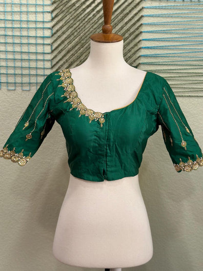 Maggam work Blouse for Saree – Green Blouse- Artisan Silk Blouse – Festive & Wedding Ethnic Wear