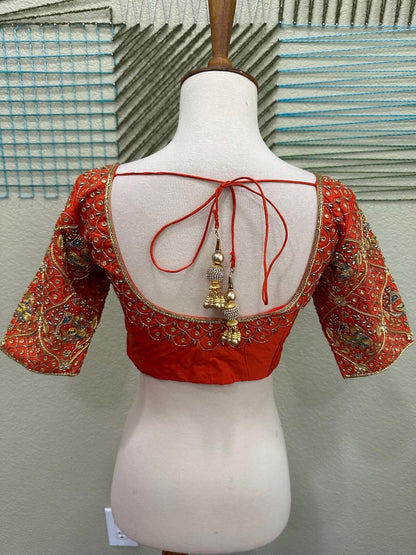 Maggam work Blouse for Saree – orange Blue Blouse- Artisan Silk Blouse – Festive & Wedding Ethnic Wear