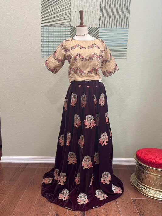 Crop Top | Designer Lehenga | Mehendi & Haldi Lehenga Choli | Beige Black  Lehenga Set | Indian Wedding Guest Outfit | Pre Wedding Ceremony Dress