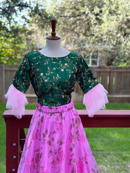 Crop Top | Designer Lehenga | Mehendi & Haldi Lehenga Choli | green pink Lehenga Set | Indian Wedding Guest Outfit | Pre Wedding Ceremony Dress