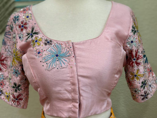 Maggam work Blouse for Saree – Soft Pink Blouse - Artisan Silk Blouse – Festive & Wedding Ethnic Wear
