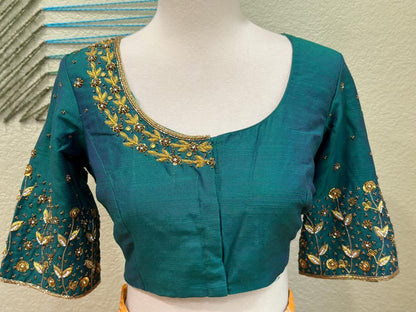 Maggam work Blouse for Saree – Green Blouse- Artisan Silk Blouse – Festive & Wedding Ethnic Wear