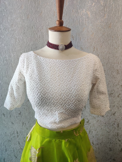 Crop Top | Designer Lehenga | Mehendi & Haldi Lehenga Choli | white green Lehenga Set | Indian Wedding Guest Outfit | Pre Wedding Ceremony Dress