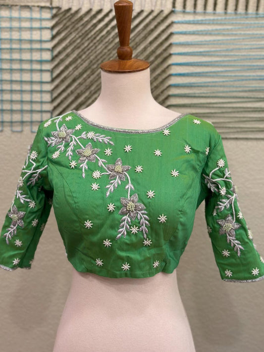 Maggam work Blouse for Saree – Green Blouse- Artisan Silk Blouse – Festive & Wedding Ethnic Wear