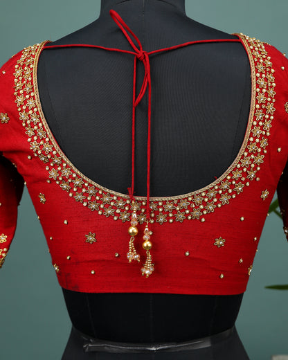 Maggam work Blouse for Saree – Red Blouse- Artisan Silk Blouse – Festive & Wedding Ethnic Wear