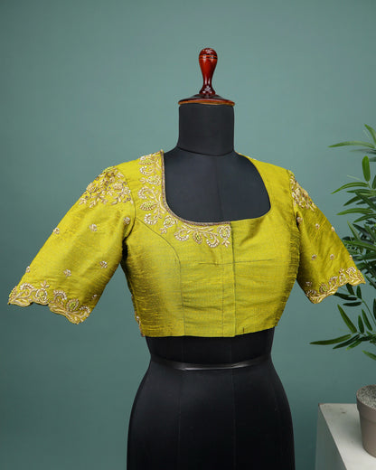 Maggam work Blouse for Saree – Olive Green Blouse- Artisan Silk Blouse – Festive & Wedding Ethnic Wear