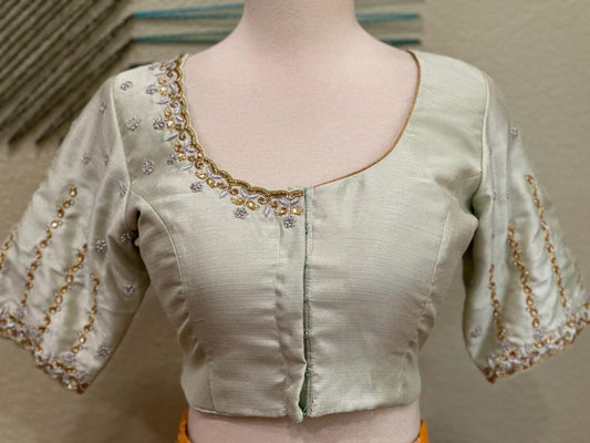 Maggam work Blouse for Saree –  Silver Blouse- Artisan Silk Blouse – Festive & Wedding Ethnic Wear