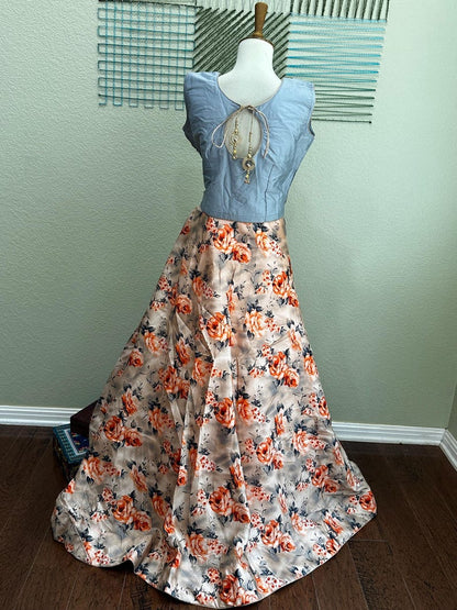 Crop Top | Designer Lehenga | Mehendi & Haldi Lehenga Choli | Blue Beige Lehenga Set | Indian Wedding Guest Outfit | Pre Wedding Ceremony Dress