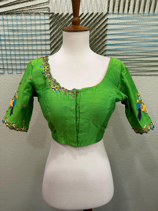 Maggam work Blouse for Saree – Green Blouse- Artisan Silk Blouse – Festive & Wedding Ethnic Wear