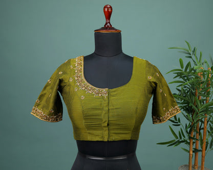 Maggam work Blouse for Saree – Olive Green Blouse- Artisan Silk Blouse – Festive & Wedding Ethnic Wear