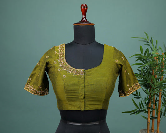 Maggam work Blouse for Saree – Olive Green Blouse- Artisan Silk Blouse – Festive & Wedding Ethnic Wear