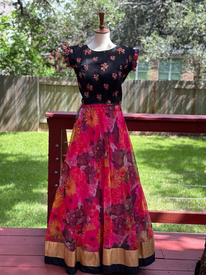 Crop Top | Designer Lehenga | Mehendi & Haldi Lehenga Choli | Black Red Floral Printed Lehenga Set |Indian Wedding Guest Outfit | Pre Wedding Ceremony Dress