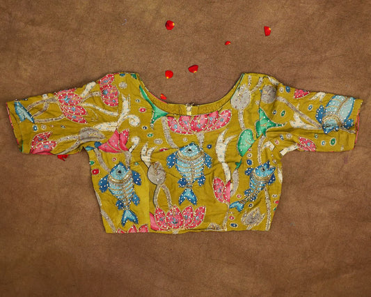 Hand Painted Pen Kalamkari Blouse for Saree – Artisan Kalamkari Silk Blouse – Festive & Wedding Ethnic Wear