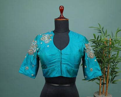 Maggam work Blouse for Saree – Blue Blouse- Artisan Silk Blouse – Festive & Wedding Ethnic Wear