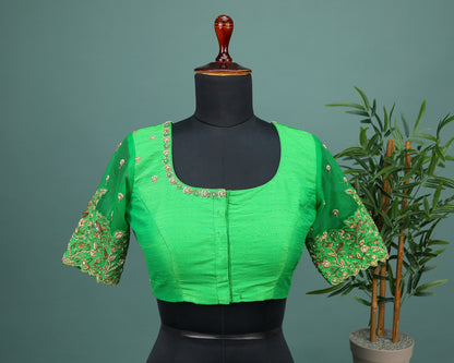 Maggam work Blouse for Saree – Green Blouse- Artisan Silk Blouse – Festive & Wedding Ethnic Wear