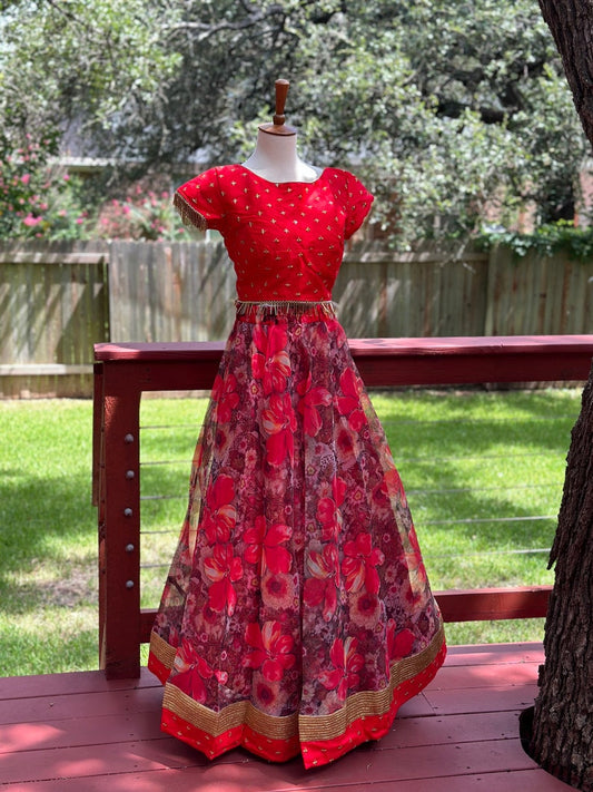 Crop Top | Designer Lehenga | Mehendi & Haldi Lehenga Choli | Red Floral Printed Lehenga Set |Indian Wedding Guest Outfit | Pre Wedding Ceremony Dress