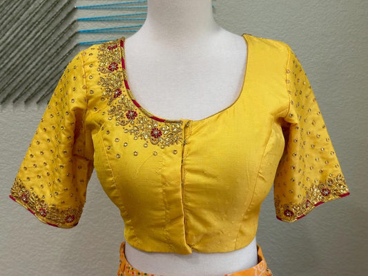Maggam work Blouse for Saree – Yellow Blouse- Artisan Silk Blouse – Festive & Wedding Ethnic Wear