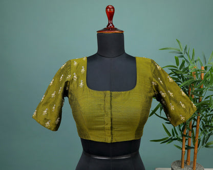 Maggam work Blouse for Saree – Olive Green Blouse- Artisan Silk Blouse – Festive & Wedding Ethnic Wear
