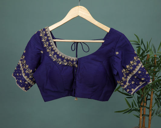 Maggam work Blouse for Saree – Navy Blue Blouse- Artisan Silk Blouse – Festive & Wedding Ethnic Wear