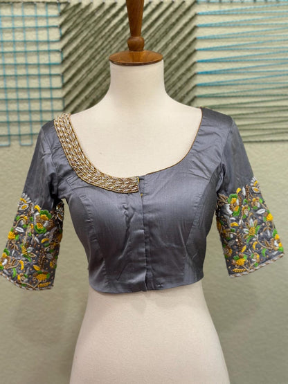 Maggam work Blouse for Saree – Gray Blouse- Artisan Silk Blouse – Festive & Wedding Ethnic Wear