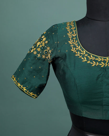 Maggam work Blouse for Saree – Green Blouse- Artisan Silk Blouse – Festive & Wedding Ethnic Wear