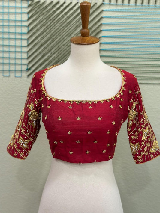 Maggam work Blouse for Saree – Maroon Blouse- Artisan Silk Blouse – Festive & Wedding Ethnic Wear