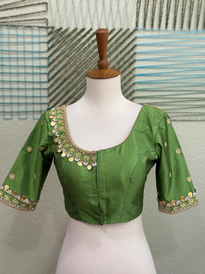 Maggam work Blouse for Saree – olive Green Blouse- Artisan Silk Blouse – Festive & Wedding Ethnic Wear