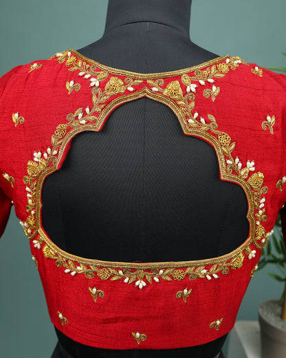 Maggam work Blouse for Saree – Red Blouse- Artisan Silk Blouse – Festive & Wedding Ethnic Wear