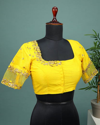 Maggam work Blouse for Saree – Yellow Blouse- Artisan Silk Blouse – Festive & Wedding Ethnic Wear
