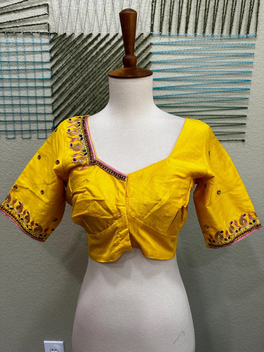 Maggam work Blouse for Saree – Yellow Blouse- Artisan Silk Blouse – Festive & Wedding Ethnic Wear