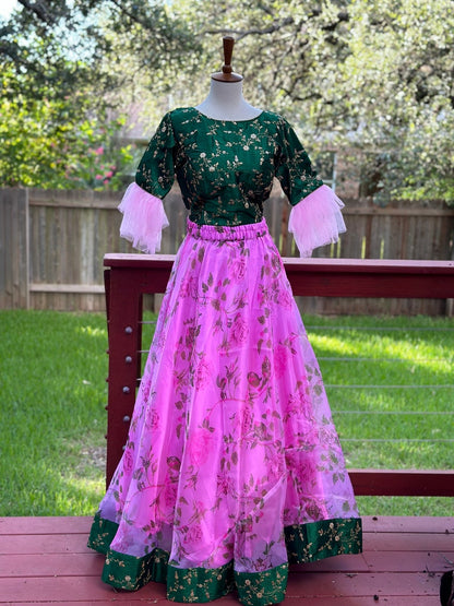 Crop Top | Designer Lehenga | Mehendi & Haldi Lehenga Choli | green pink Lehenga Set | Indian Wedding Guest Outfit | Pre Wedding Ceremony Dress