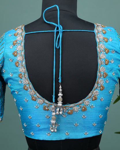 Maggam work Blouse for Saree – Blue Blouse- Artisan Silk Blouse – Festive & Wedding Ethnic Wear
