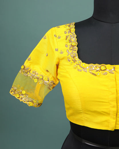 Maggam work Blouse for Saree – Yellow Blouse- Artisan Silk Blouse – Festive & Wedding Ethnic Wear