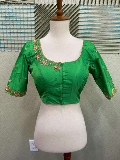 Maggam work Blouse for Saree – Green Blouse- Artisan Silk Blouse – Festive & Wedding Ethnic Wear