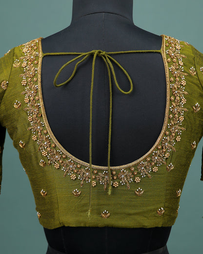 Maggam work Blouse for Saree – Olive Green Blouse- Artisan Silk Blouse – Festive & Wedding Ethnic Wear